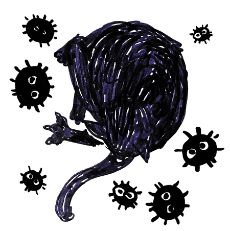 A black cat curled over licking its tail surrounded by soot sprites
